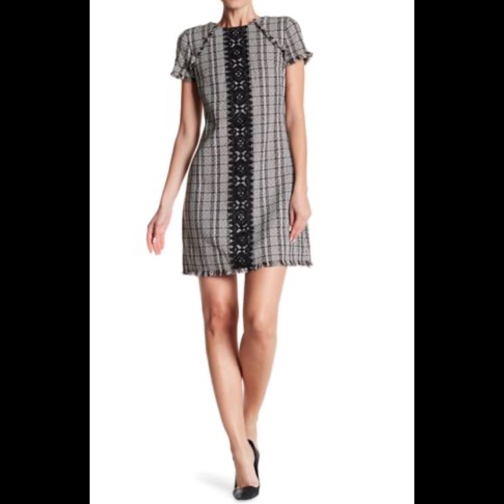 ELIZA J Tweed Fringe Lace Placket Details Dress (Size 8)